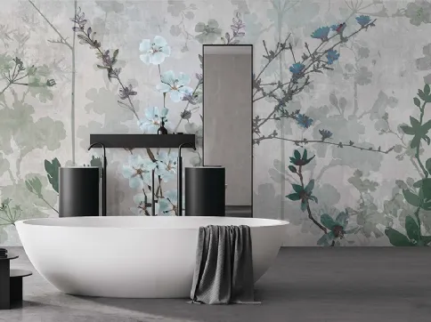 Carta da parati con fiori verdi e azzurri con finitura Acqua System Botanica WPC_643 di Caos Creativo by Rossi&Co