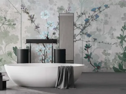 Carta da parati con fiori verdi e azzurri con finitura Acqua System Botanica WPC_643 di Caos Creativo by Rossi&Co