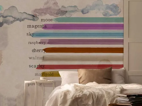 Carta da parati con righe e macchie di colore dipinte ad acquarello Colour me baby WPC_705 di Caos Creativo by Rossi&Co
