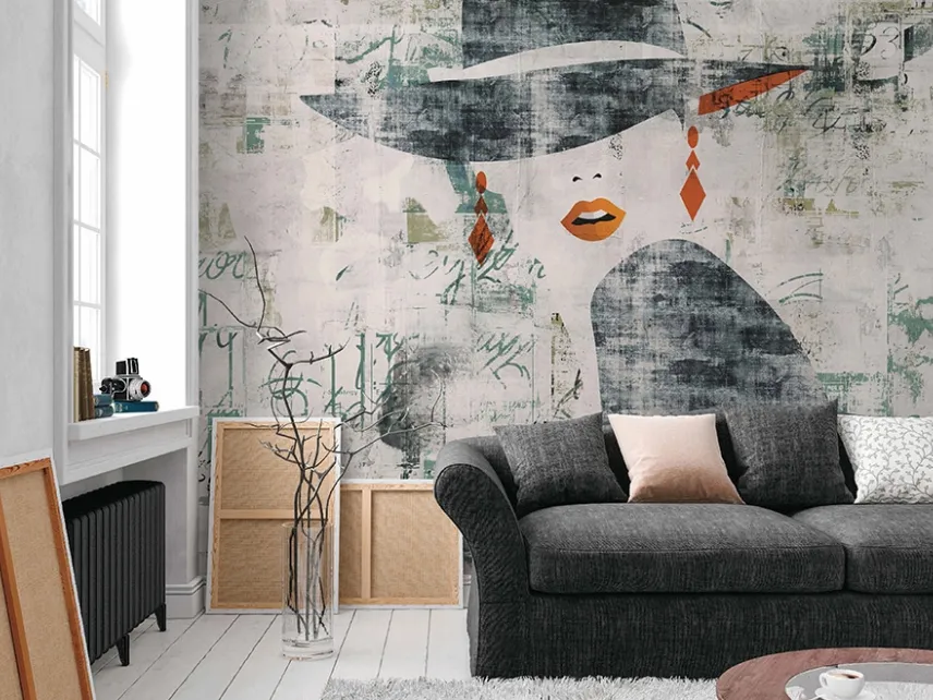 Carta da parati donna con cappello Wall Writing WPC_337 di Caos Creativo by Rossi&Co