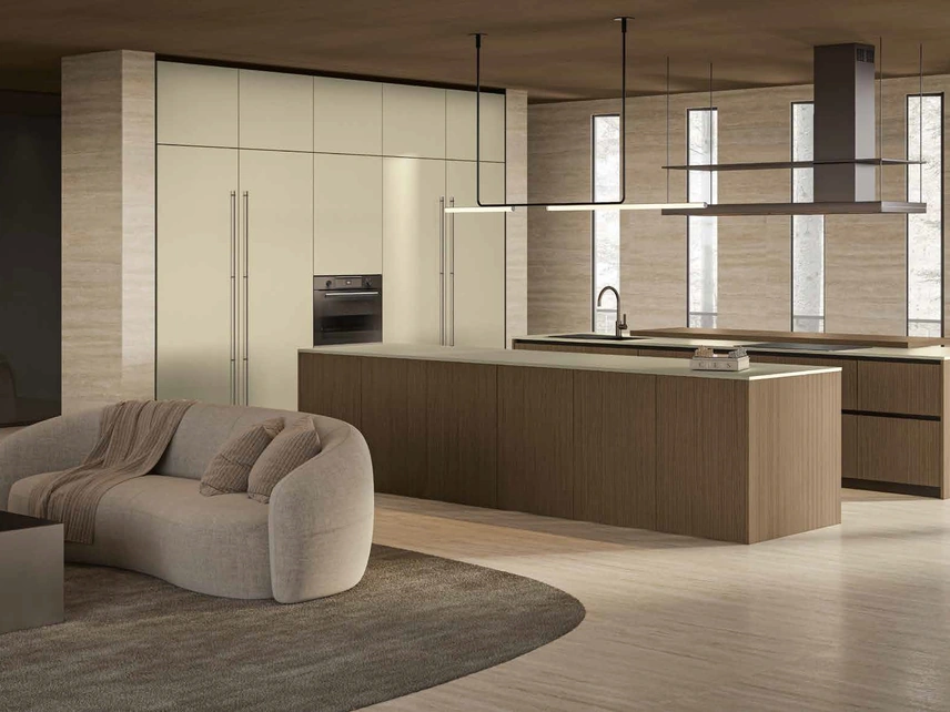 Cucina Moderna in Fenix Oro Cortez con isola in Rovere Daytona Game di Arrex